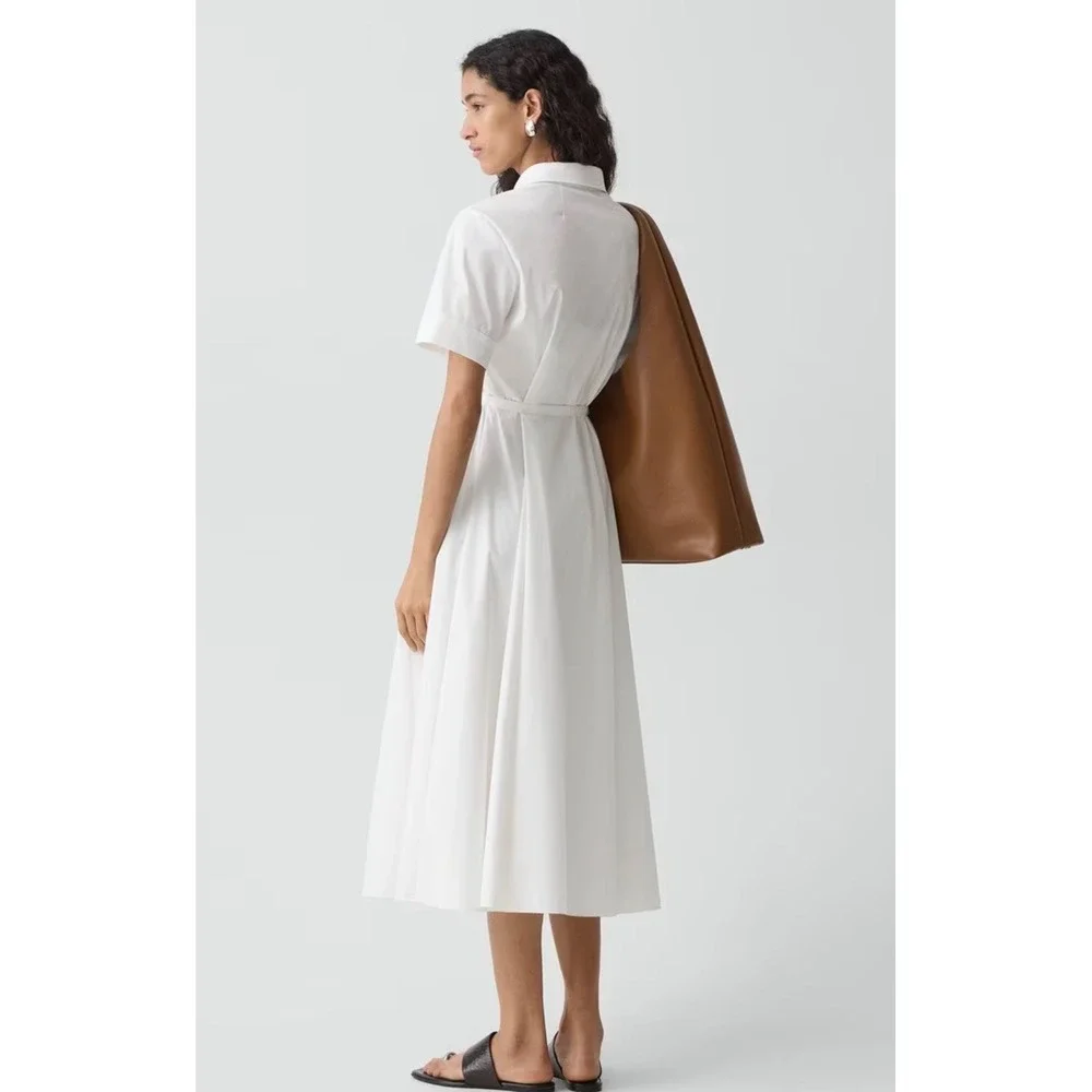 Theory White Cotton Blend Belted Poplin Shirt Dress Midi NWT Size 0 - Picture 2 of 10